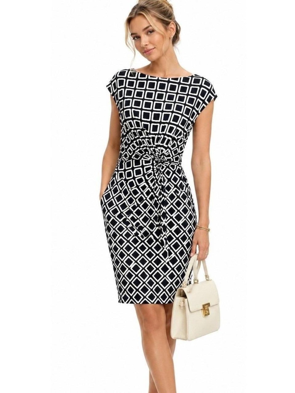 Lauren Ralph Lauren Black and White Geometric Knot-Waist Dress Size 16